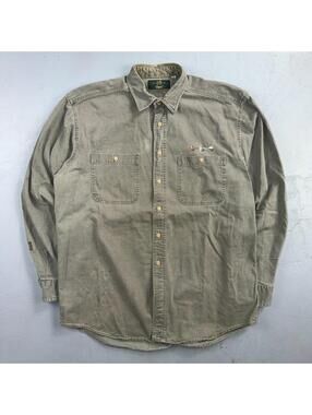 VTG Orvis Shirt Mens Large Green Roll Tab Fishing Sport Gingham Solid Cotton